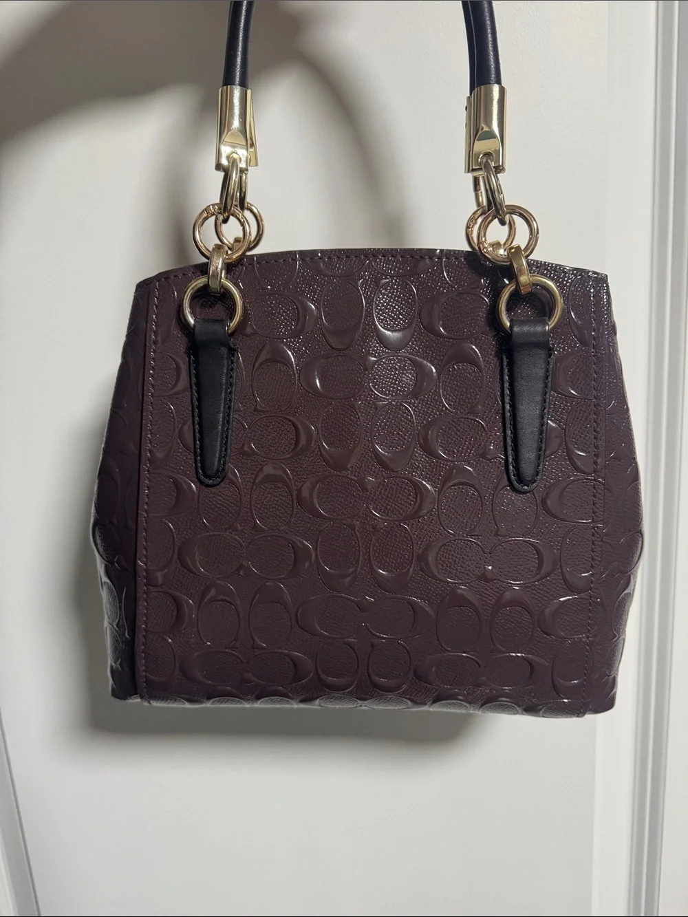 Coach Patent Leather Satchel in Deep Plum with Black Handles